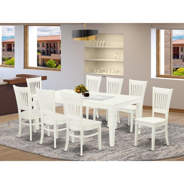 East West Furniture 9 Piece Logan Wood Dining Table Set - Linen White LGVA9-LWH-W - main